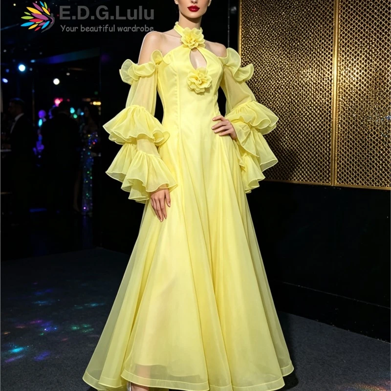 EDGLuLu Sexy Halter 3d Flower Patchwork Yellow Dress Off Shoulder Flared Sleeves Loose Elegant Long Evening Gown 0905