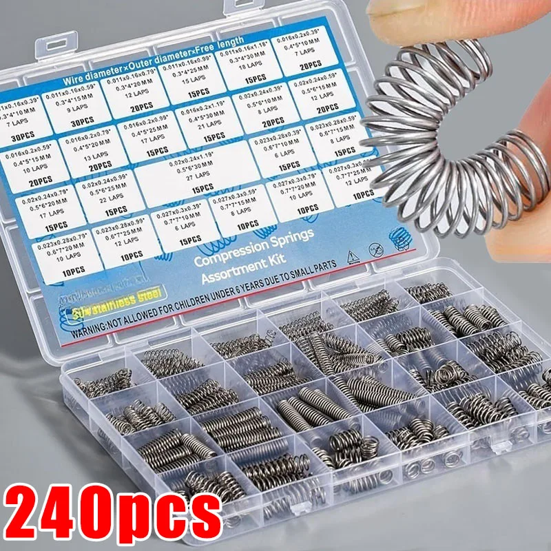 240PCS/box Compression Spring Assortment Kit 304 Stainless Steel with 15 Sizes Small Springs for Mechanical Repairs DIY Projects
