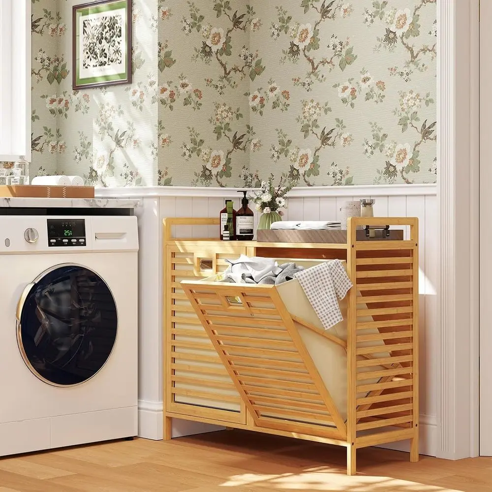 Double Out Laundry Hamper, Bamboo Laundry Basket Organizer with Top Shel, 2 Pull-out Removable Bags, Side Handles, Laundry Hampe
