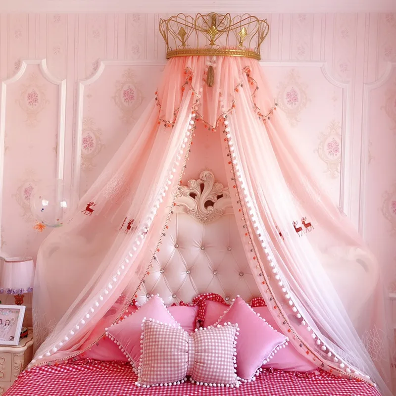 

Princess Bed Curtain with Crown Bed Head Gauze Deer Embroidery Wave Beauty Bedside Decoration Yarn Bed Valance Mosquito Net