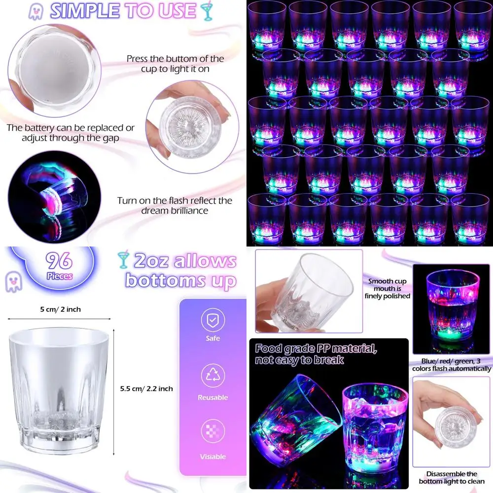 

Очки с подсветкой — 96 упаковок светодиодных чашек для вечеринок для взрослых, пластиковая посуда с подсветкой для ночного обращения, выпускников, дней рождения и