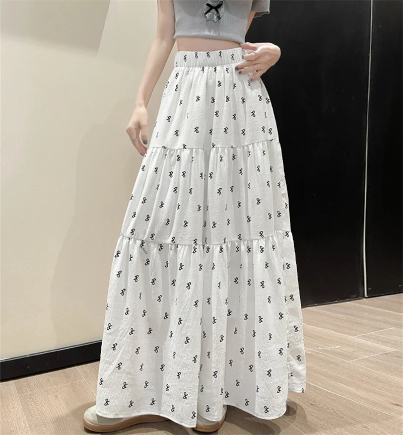 Bow Printing Long Skirt Women Fashion Korean Jupe High Waist Mid Length Skirts 2026 Faldas Mujer De Moda Summer Skirts A-Line