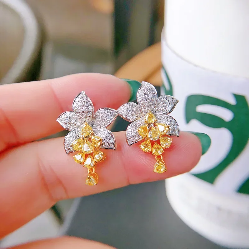 S925 Sterling Silver Flower Stud Earrings New Luxury Micro Paved Full Shiny Yellow Diamond Earrings Fine Jewelry
