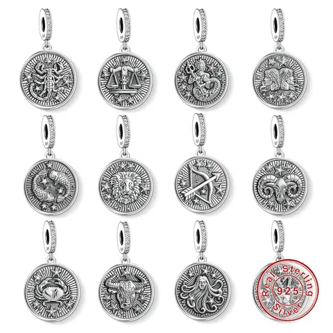 925 스털링 실버 지르콘 12 별자리 배지 펜던트 참 오리지널 팬 팔찌 DIY 여성 수호 보석 선물 2025