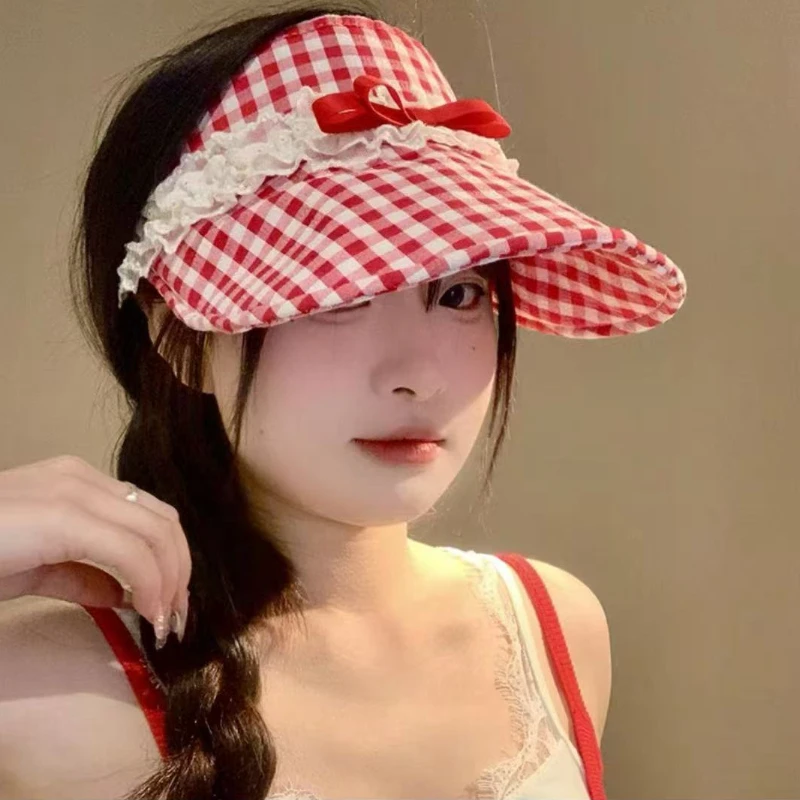 

2025 New Korean Version of The Plaid Bow Sunscreen Empty Hat Summer Sunshade Sun Hat for Women