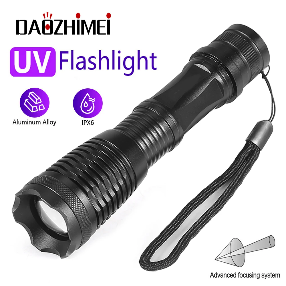 

LED UV Flashlight 1 Mode Purple Ultraviolet Torch Zoom Retractable Fluorescent Agent Detection 18650 Flashlight Lighting Lamp