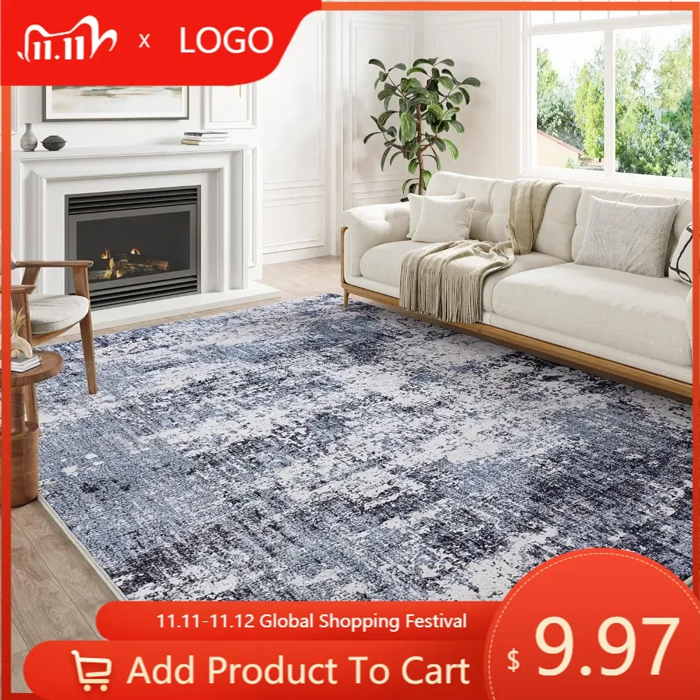 Modern Abstract Blue Rug 8x10 Machine Washable Area Rug Kitchen Indoor Accent Rug Low Pile Carpet