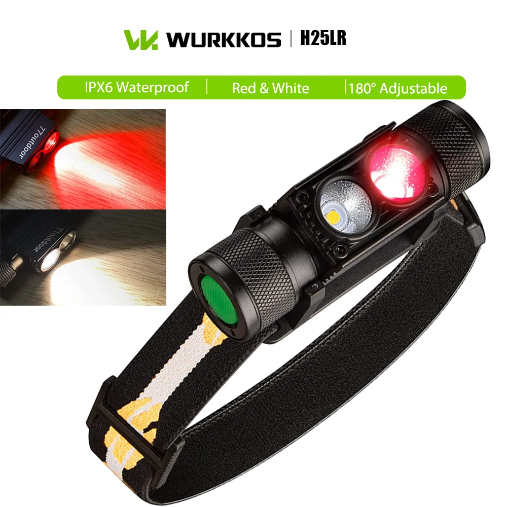 Налобный фонарь Wurkkos H25LR, легкий, перезаряжаемый через USB, водонепроницаемый IPX6, с красным и белым светом, 180° ° Регулируемый, для кемпинга и походов