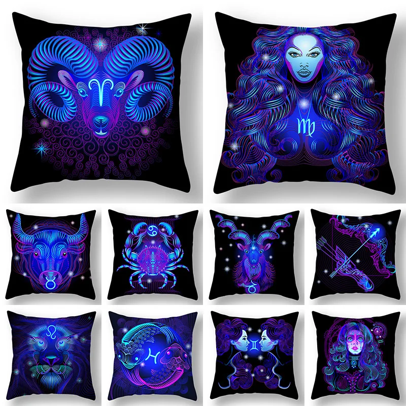 Purple Blue Pattern Twelve Constellations Pillowcase HD Sci-fi Effect Zodiac Cushion Cover For Car Sofa Home Decor Pillow Case