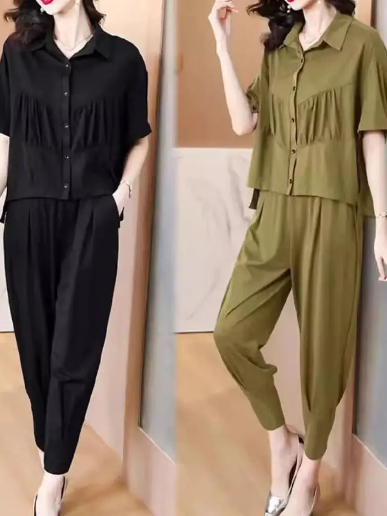 

Fashionable Short Sleeve Shirt And Harlan Pants Women's Set Summer New Style Versatile Casual Look Two Piece Popular Trend