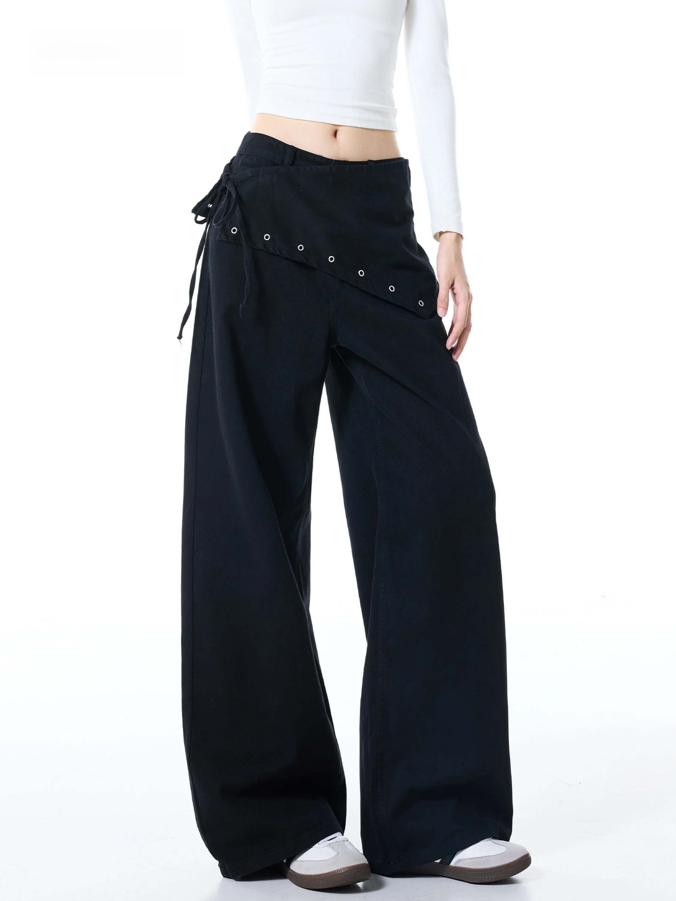 High Waist American Style Streetwear Work Pants Women's Autumn New Metal Eye Strap Wide Leg Casual Long Pants Fake Two-Piece