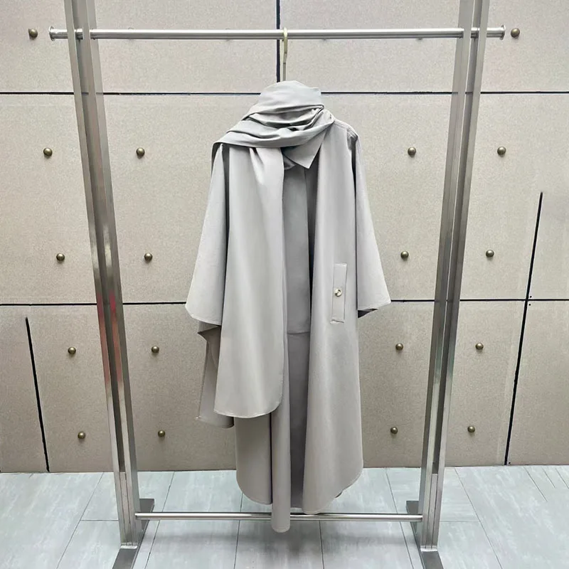 Lady's button-down cape coat, scarf-adorned pure cotton coat, high-quality business long-sleeved jacket, 2026, new style, y2k