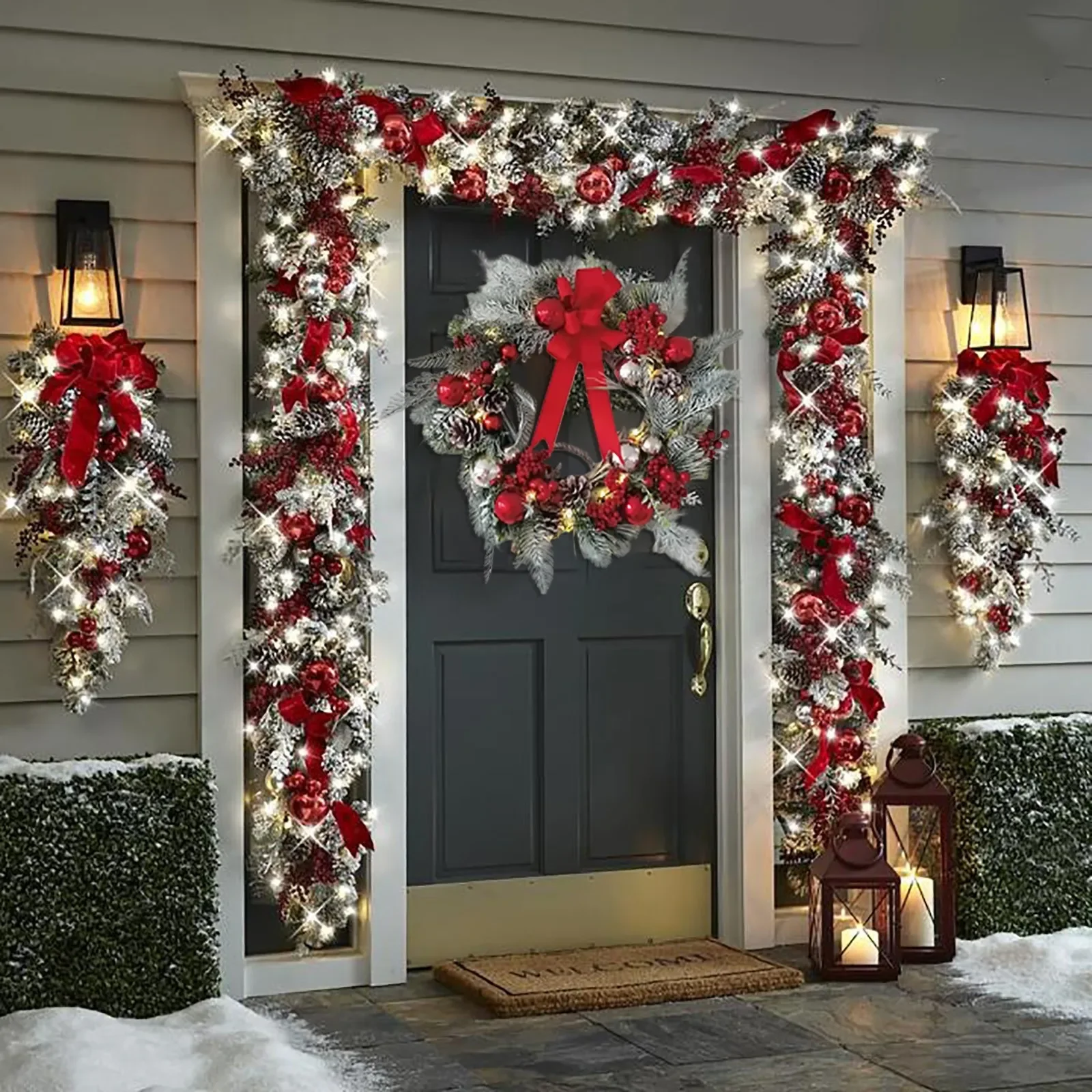 Christmas Porch Sign Set Rattan Artificial Flower Tree Red Xmas Hanging Decoration For Home Outdoor Indoor Wall Front Door Decor