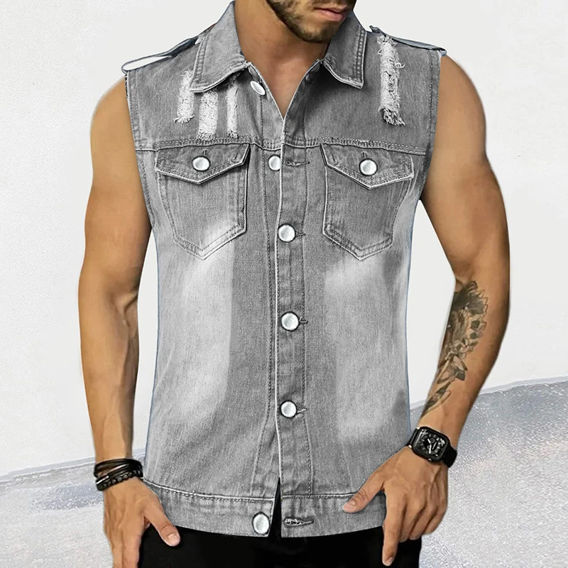 

Streetwear Vintage Ripped Design Denim Shirts Men Sleeveless Lapel Buttoned Denim Vests 2024 Summer Mens Casual Denim Tank Top