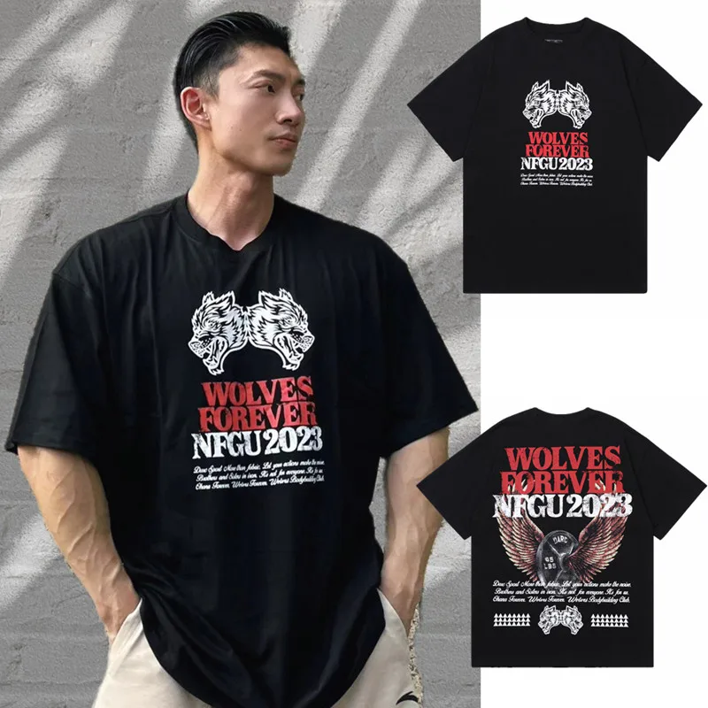 Wolf Head Fitness Clothes Men's Jacket Short Sleeve Training Clothes T-shirt Sports Men's American Retro Loose Size Summer
