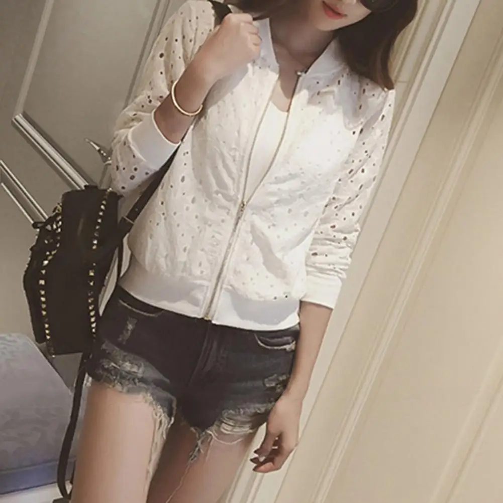 2026 Thin Lace Jacket for Women Stand Collar Zip Up Sheer Baseball Jacket Hollow Out Long Sleeve Short Coat Women Short Jacket