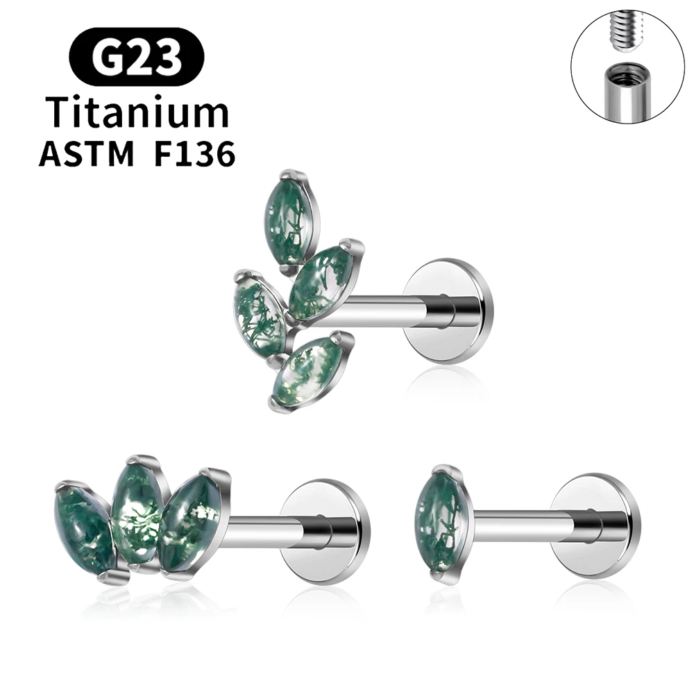 ASTM F136 Titanium 16G Leaf Stud Earring Natural Moss Agate Marquise Lip Stud Helix Conch Tragus Cartilage Piercing Body Jewelry