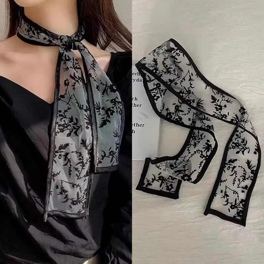 Fashion Y2k Flower Lace Neck Strap Dressing Decoration Sweet Hair Band Neckerchief Transparent Long Ribbon Head Scarf