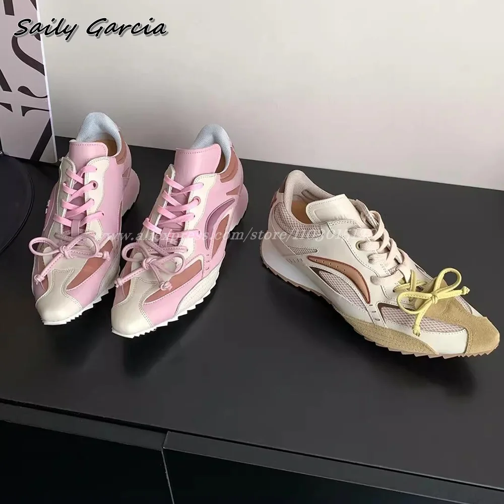 First Layer Cowhide Air Mesh Butterfly Knot Sneakers Autumn New All-Match Training Shoes Sheepskin Sole Lace Up Casual Shoes