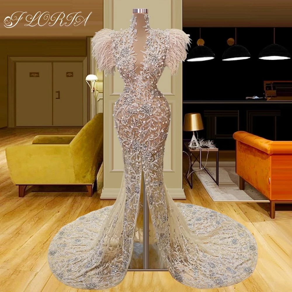 Robe de mariée Elegant Long Evening Dresses With Feather Cap Sleeves Full Pearls Beaded Prom Gowns Couture Formal Party Dress