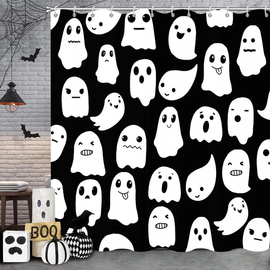 

Halloween Ghost Shower Curtain Black and White Spooky Cute Funny Cartoon Ghosts Icons Funny Bathroom Curtain Bathtub Home Decor