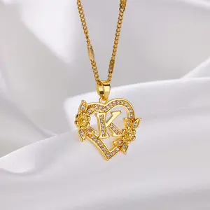 Zircão Initial Heart Pendant Necklaces for Women, Stainless Steel Letter Necklaces, Flower Jewelry, Gifts Best Friend, 2024 6 Main sales necklace of friendship - №4