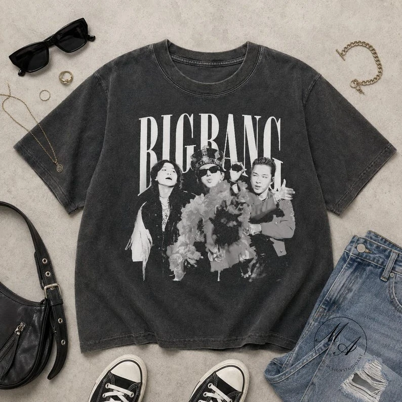 BIGBANG 20. Jubiläumskonzert Vintage Washed T-Shirt Bigbang Gruppenporträt-Druck Unisex Oversized Kurzarm Kpop Oberteil – Detail 6