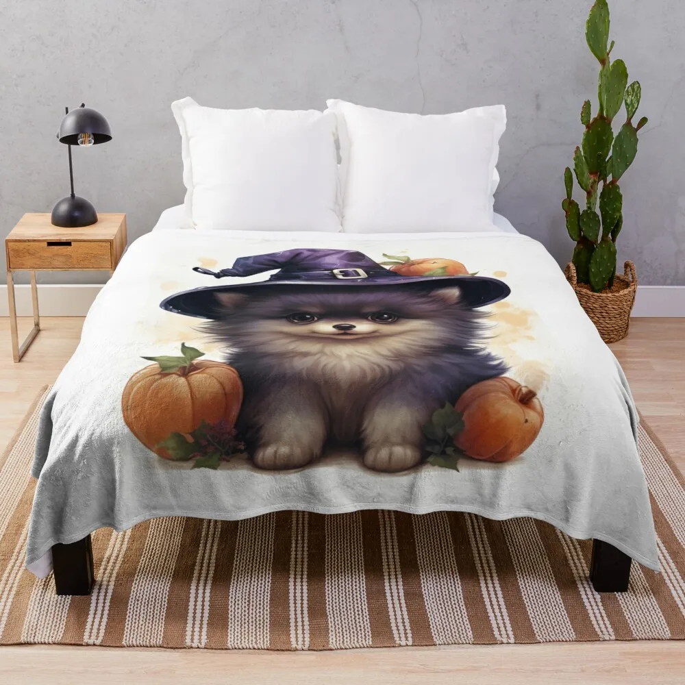 

Cute Pomeranian Puppy Autumn theme Throw Blanket Decorative Beds Beach Cute Blankets