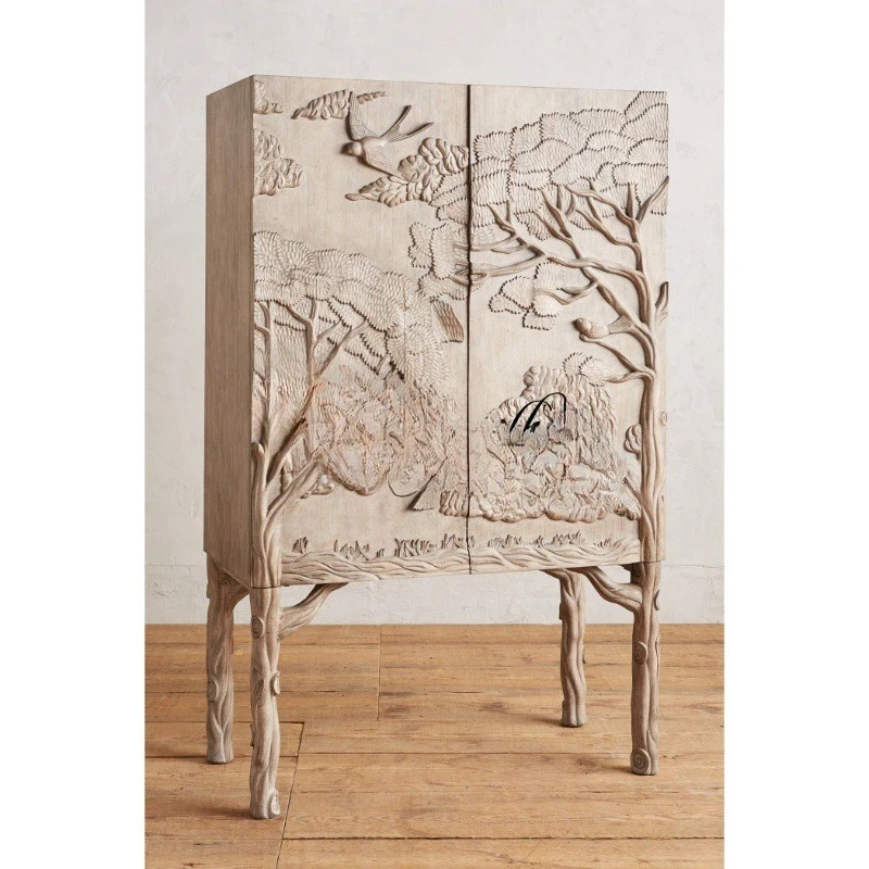 French rural retro solid wood carving flower decorative cabinet, American side cabinet, antique and old carved wine cabinet