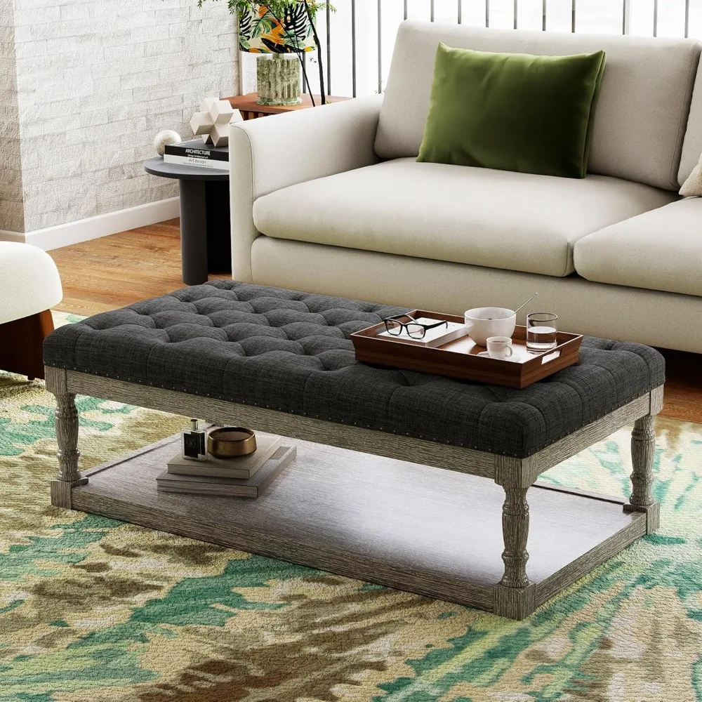 

48 Large Ottoman with Storage Coffee Table, Upholstered Tufted Linen Ottoman Bench with Solid Wood Shelf for Living Room, Bedroo
