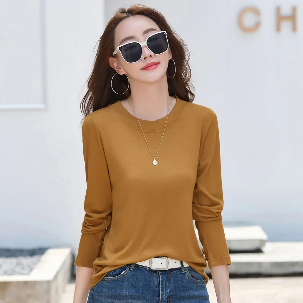 

Весенне-осенние новые футболки с длинными рукавами, топы, женская одежда, модный повседневный однотонный пуловер с круглым вырезом, рубашка, топ