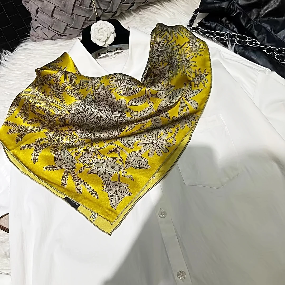 BYSIFA|Women Yellow 100% Mulberry Silk Scarf Winter Brand Floral Design 100% Mulberry Silk Square Scarves Fashion Hijabs Bufanda