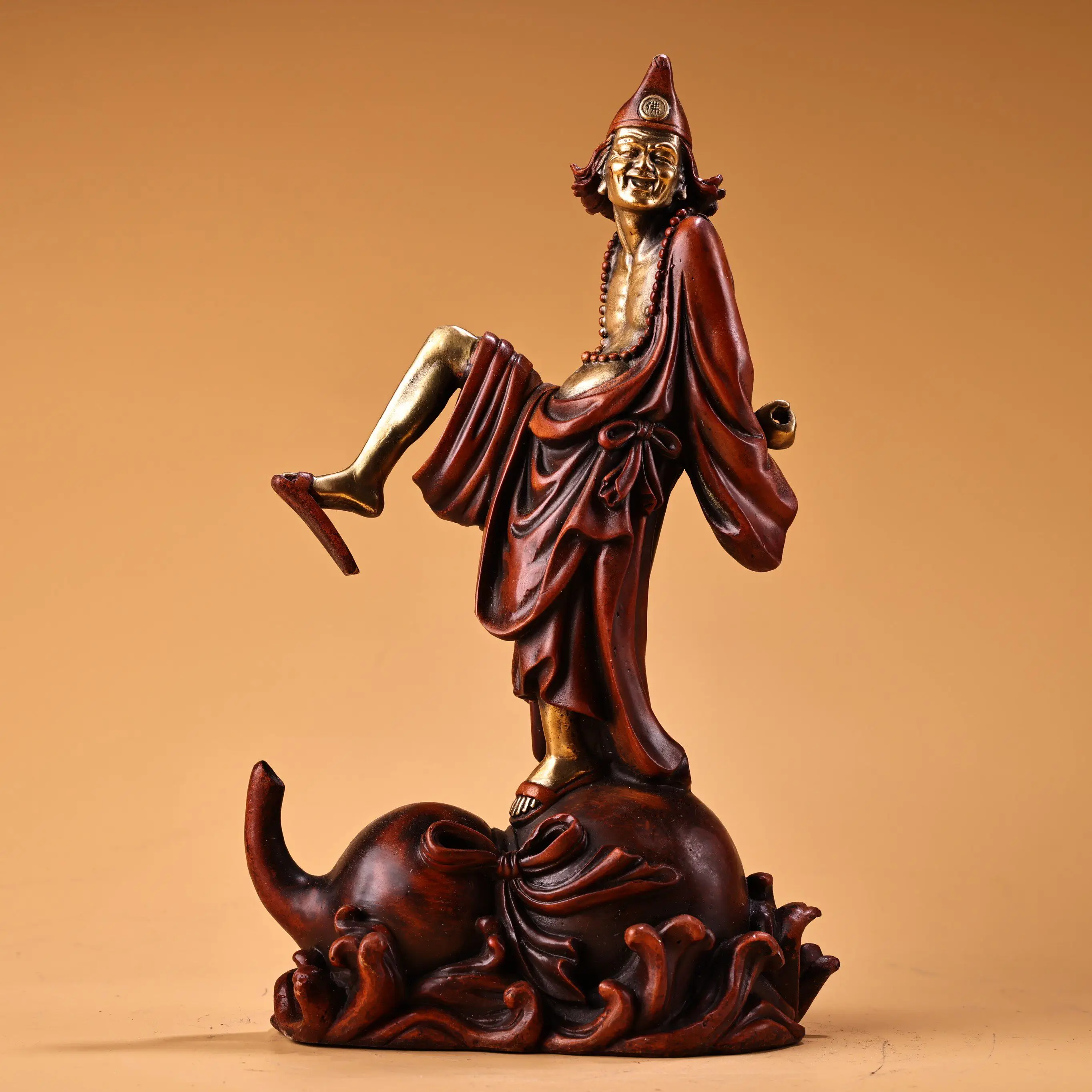 Vintage Chinese Red Copper High Relief Gilt Ji Gong Monk Statue Heavy Patina Exquisite Craft