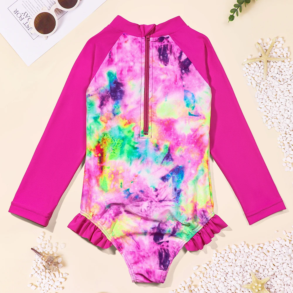 Kids Girls Swimwear Tie-Dye Printed Ruffles Long Sleeve Zipper Beachwear Outfits One-piece Bathing Suit