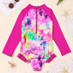 Kids Girls Swimwear Tie-Dye Printed Ruffles Long Sleeve Zipper Beachwear Outfits One-piece Bathing Suit