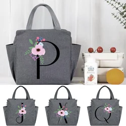 Large Capacity Thermal Lunch Bag Flower and Black Letter Print Picnic Food Storage Bento Breast Milk Preservation Cooler Handbag