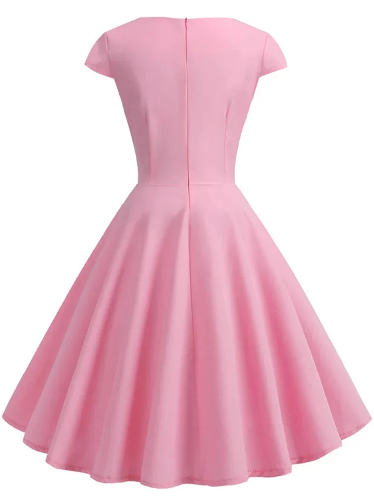 

Pink Summer Dress Women V Neck Vintage Robe Elegant Retro pin up Party Office Midi Dresses