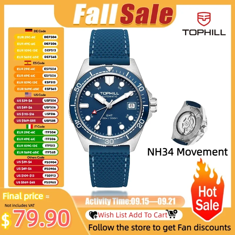 

TOPHILL Automatic watch NH34 Field watch Dive watch GMT watch Ceramic Bezel BGW9 Lume 100M Waterproof Sapphire Crystal gift