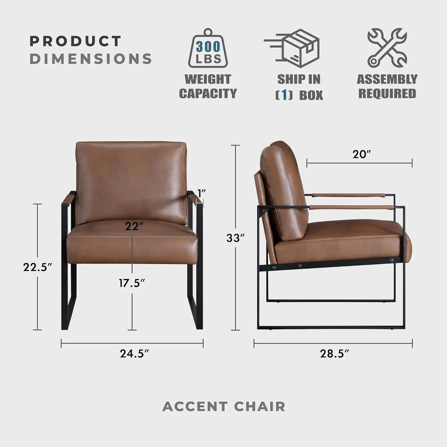 Living Room/Bedroom Faux Leather Brown Chair, Wrapped Armrests & Black Metal Frame, Comfy Design