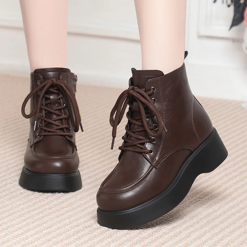 

5cm British Style Vintage Soft Leather Boots Women's Flat Platform Shoes Winter 2025 Thick Soft Warm Fur Ankle Motorcycle Boots