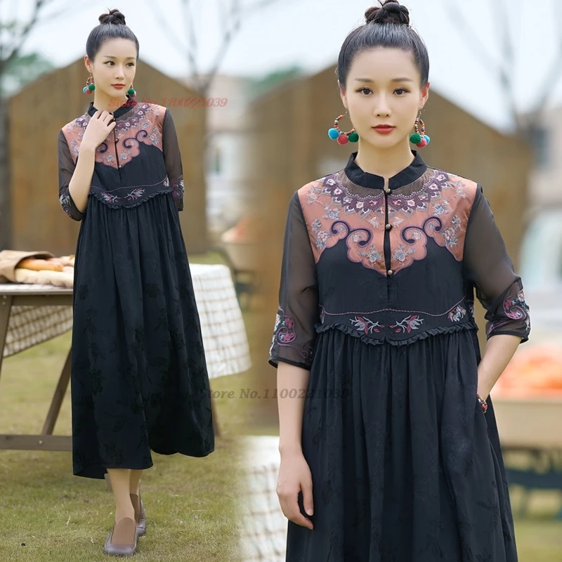 

2024 traditional chinese improved dress national flower embroidery a-line hanfu dress retro satin jacquard patchwork folk dress