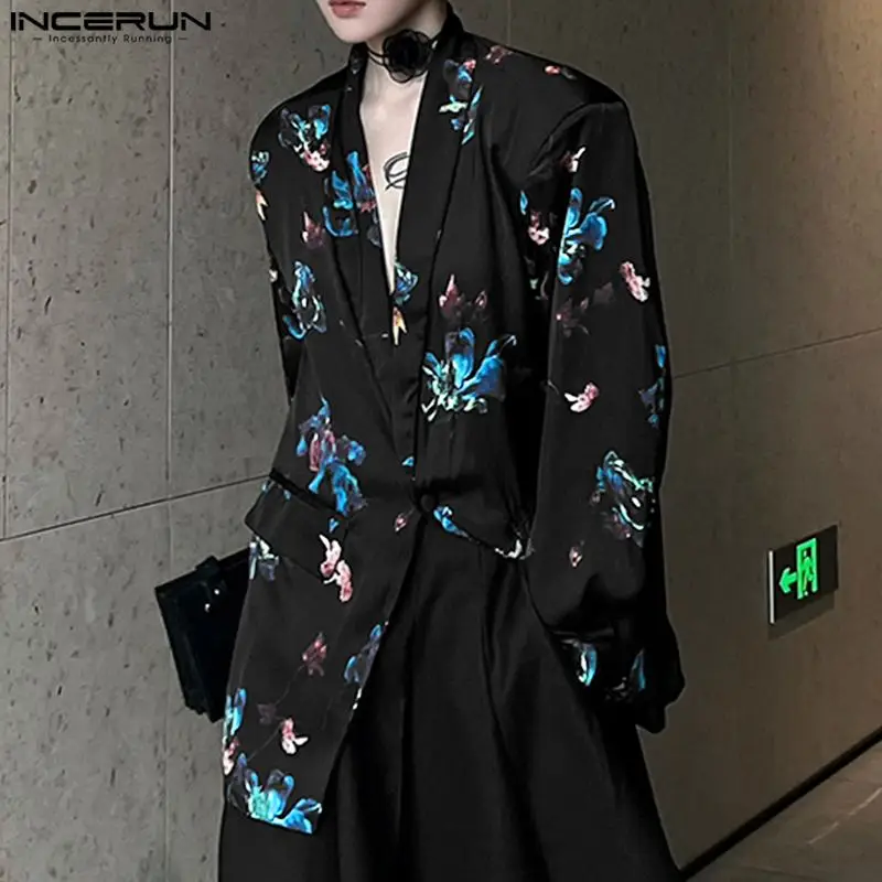 INCEURN Men Casual Blazer Notch Collar Long Sleeve One Button Vintage Floral Printed Party Clubwear Suit Autumn Outwear Jacket