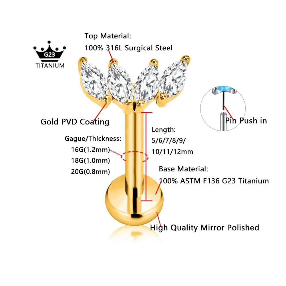 ASTM F136 G23 Titanium Flower Petals Leaf Heart Butterfly Threadless Piercing Pin Push in Labret Daith Conch Earring 16G 18G 20G - Detail 1