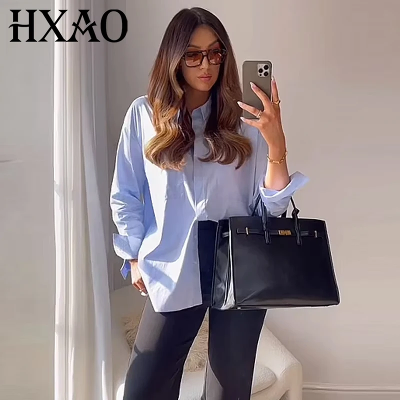 HXAO Camicie e camicette da donna Primavera Estate 2025 Camicia oversize blu con bottoni Camicette a maniche lunghe Camicie casual chic