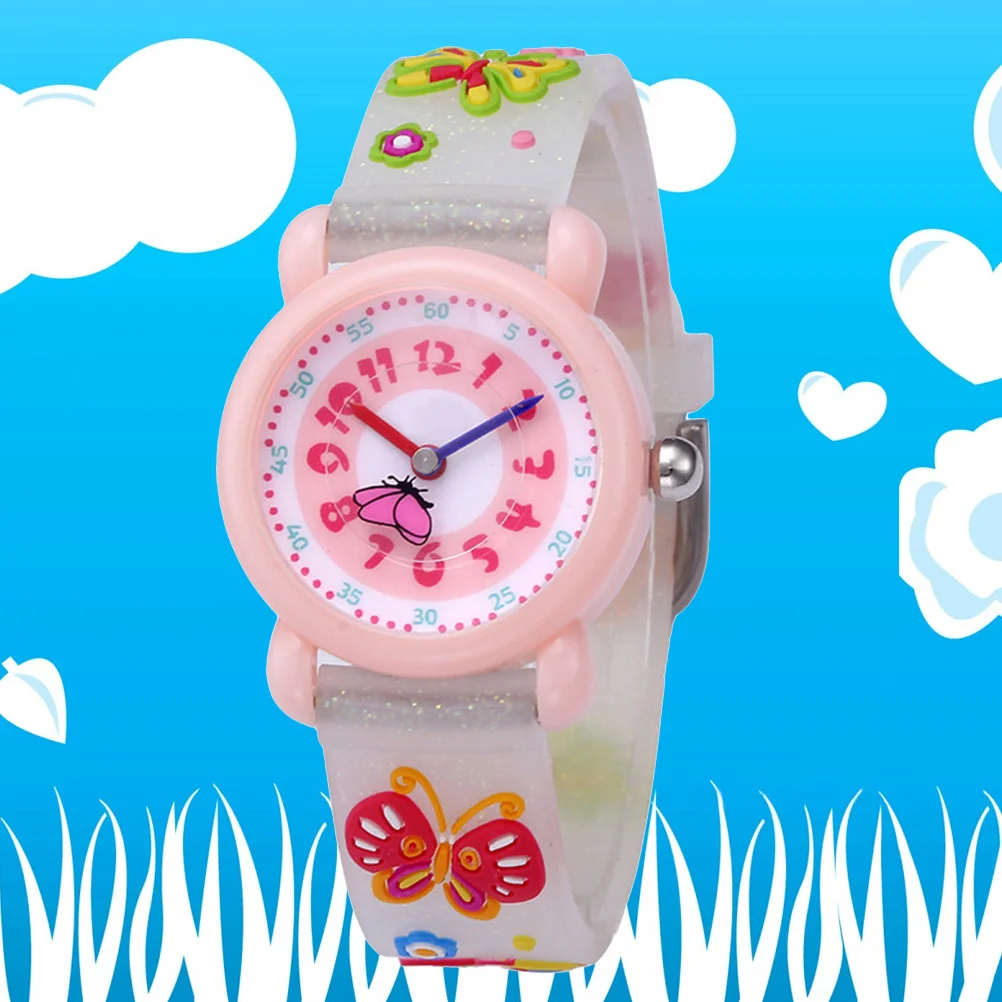 's 3D Cartoon Watch Waterproof Quartz Movement Silicone Band Time Teaching Gift for Butterfly Loose Powder White