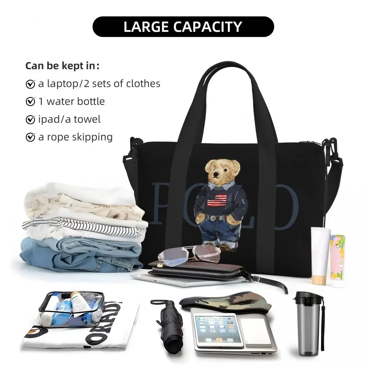 Ralph Bear Borsa da viaggio da donna e da uomo Borsa da trasporto Borsa da viaggio da uomo Tote di grande capacità Weekender Gym Sport Holdall