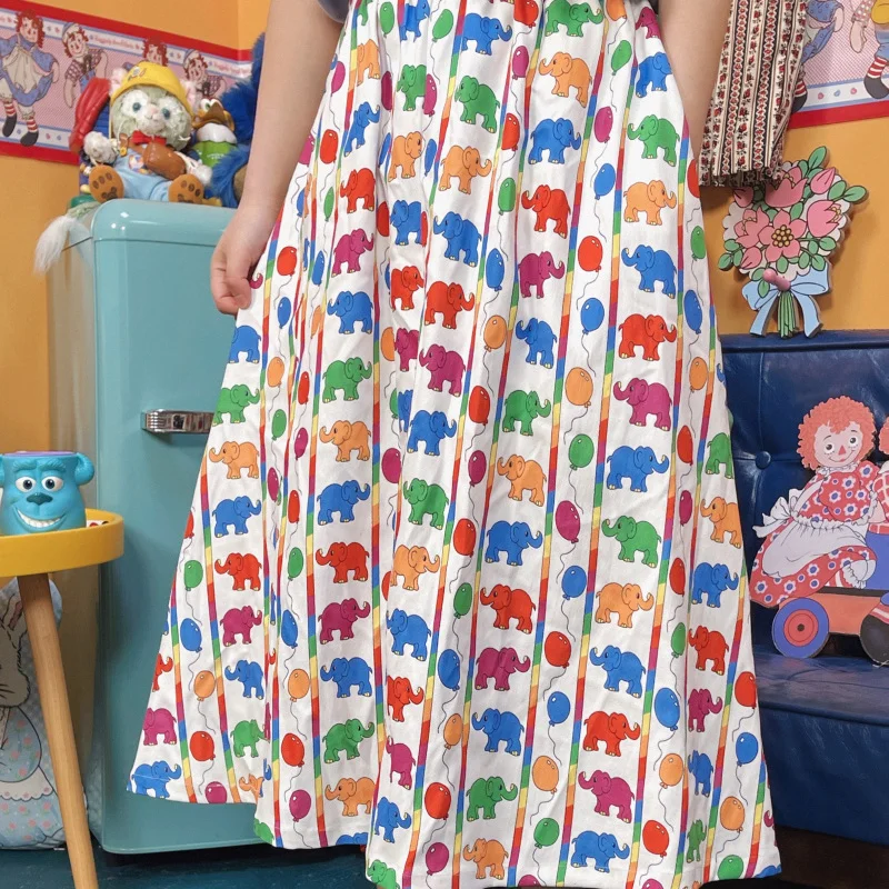 Fairy Colors Elephant Cartoon Y2k Skirt Japan Kawaii Sweet Girls A-LINE  Woman Skirts Mid-length Summer Loose Teenages Harajuku