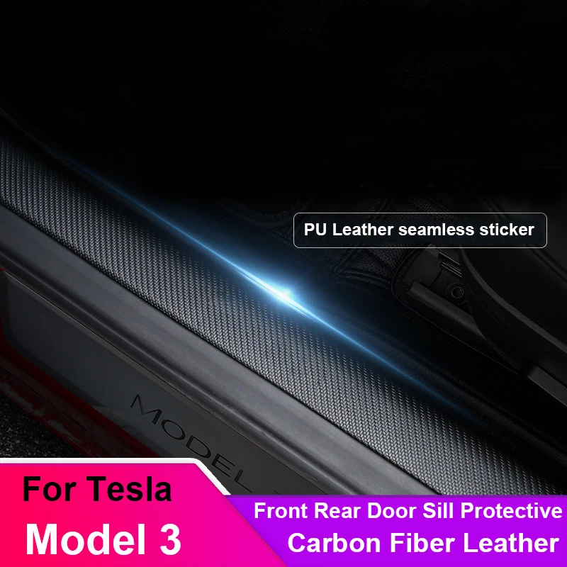 

For Tesla Model 3 Front & Rear Door Sill Protective Car Leather Carbon FIber Style 17-23 4PCS