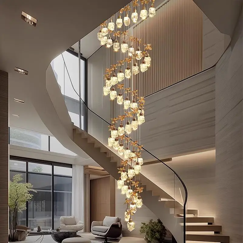 Modern simple rural, self-built villa duplex apartment loft living room staircase spiral, crystal super long line chandelier