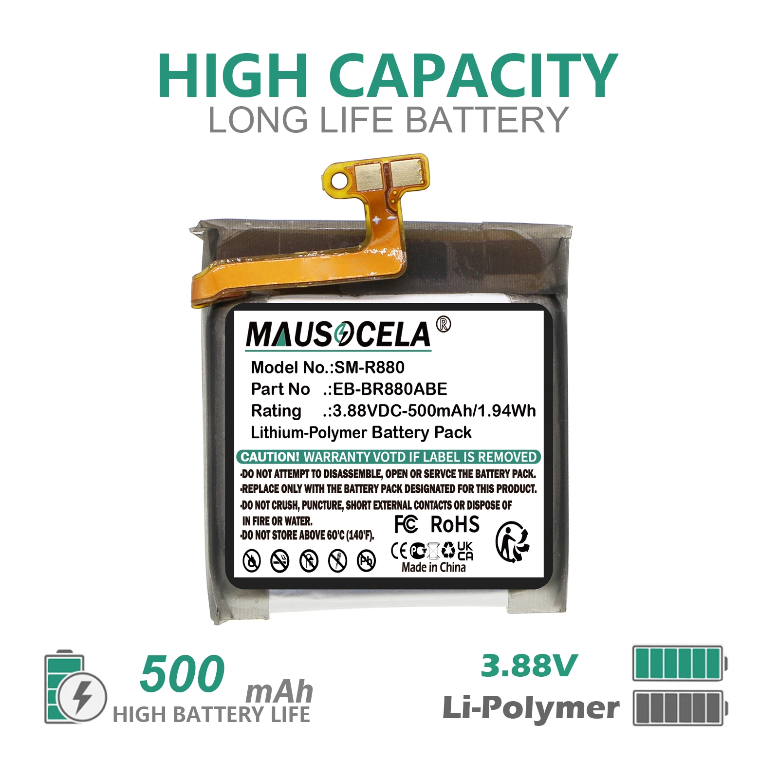 

Smartwatch Battery For Samsung:EB-BR860ABY,EB-BR880ABE,EB-BR880ABY,GH43-05068A,SM-R880,SM-R880N,GalaxyWatch4 40mm,SM-R885,500mAh